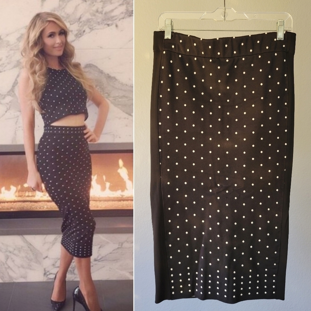 TORN BY RONNY KOBO // paris hilton stretch high waist polka dot pencil skirt